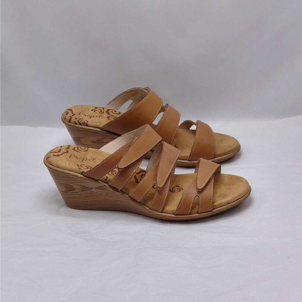 Propet Womens Wedge Heel Sandals Size 9W Tan Comfort Travel Slip On Casual Shoes